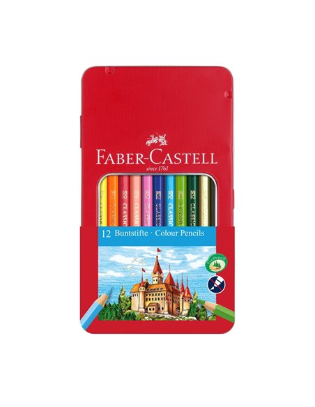 Creioane colorate in cutie de metal FABER-CASTELL FC115801, 12 culori 