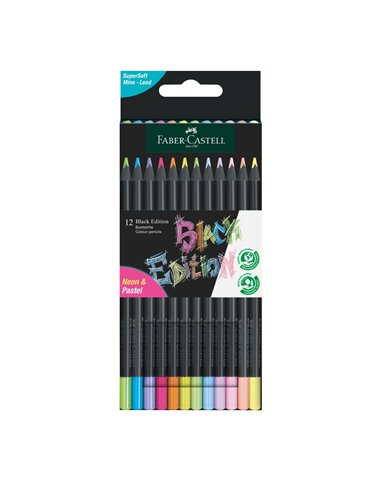 Creioane colorate FABER-CASTELL FC116410, 12 culori pastel+neon, Black edition