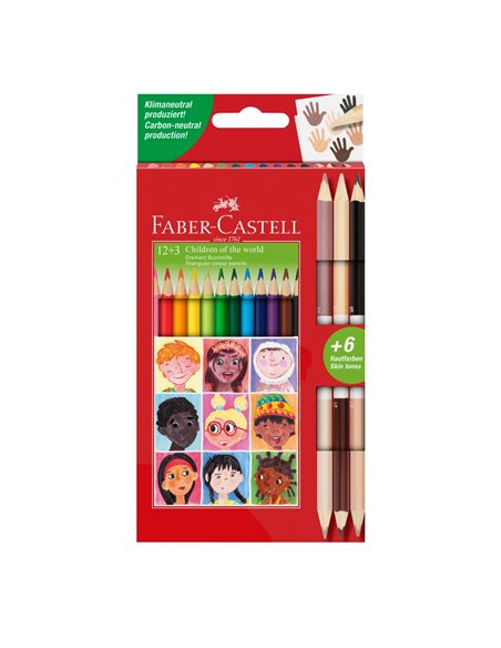 Creioane colorate 12+3 cr. bicolore piele children of the world faber-castell