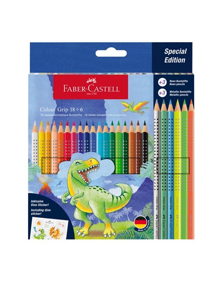 Set promo creioane colorate Faber-Castell FC201546, 18+6 culori, grip 2001 dinozauri