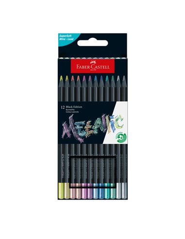 Creioane colorate metalizate Faber-Castell FC116415, 12 culori Black Edition