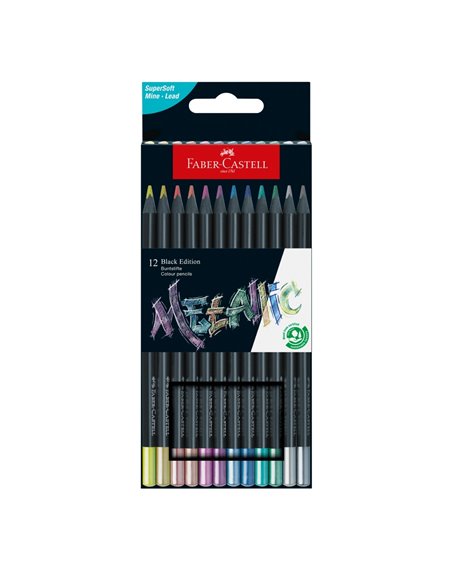 Creioane colorate metalizate Faber-Castell FC116415, 12 culori Black Edition