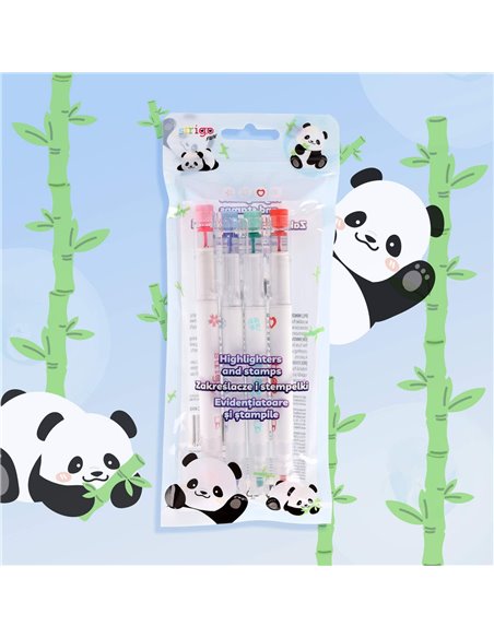 Set 4 evidentiatoare 2 in 1 cu stampila Strigo SSC490, Motiv panda