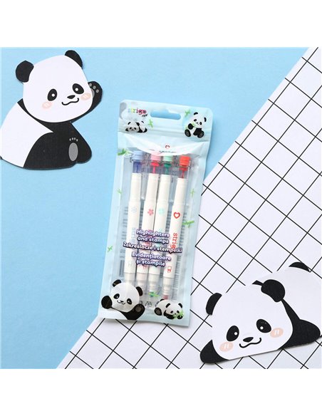Set 4 evidentiatoare 2 in 1 cu stampila Strigo SSC490, Motiv panda