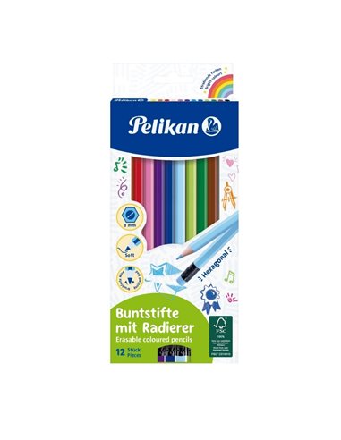 Creioane colorate lacuite cu radiera Pelikan, Sectiune Hexagonala, 12 culori