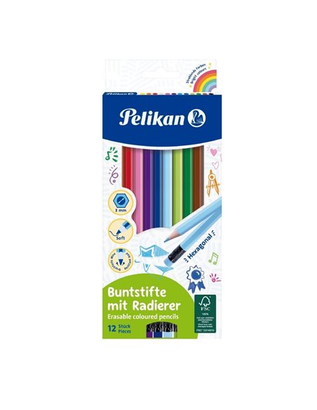 Creioane colorate lacuite cu radiera Pelikan, Sectiune Hexagonala, 12 culori