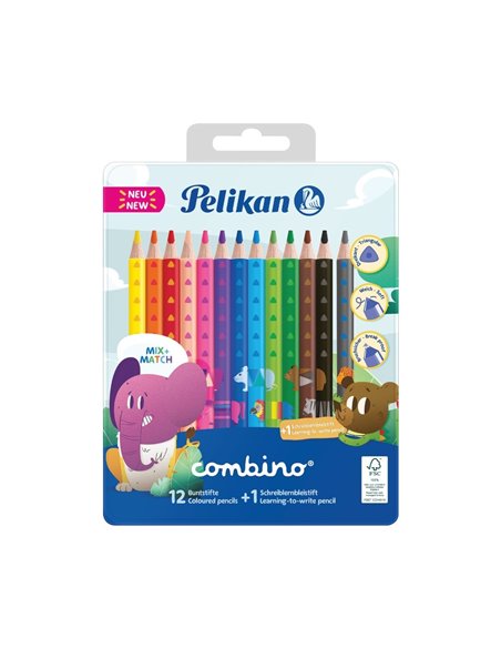 Creioane Color Combino, Set 12 Culori + 1 Creion Grafit Invata Sa Scrii, Cutie De Metal Pelikan