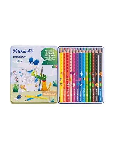 Creioane Color Combino, Set 12 Culori + 1 Creion Grafit Invata Sa Scrii, Cutie De Metal Pelikan