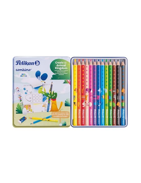 Creioane Color Combino, Set 12 Culori + 1 Creion Grafit Invata Sa Scrii, Cutie De Metal Pelikan