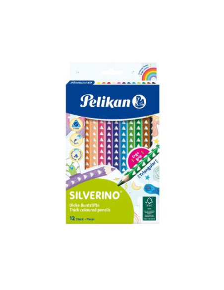 700627,Creioane colorate silverino lacuite, set 12 culori, sectiune triunghiulara, groase