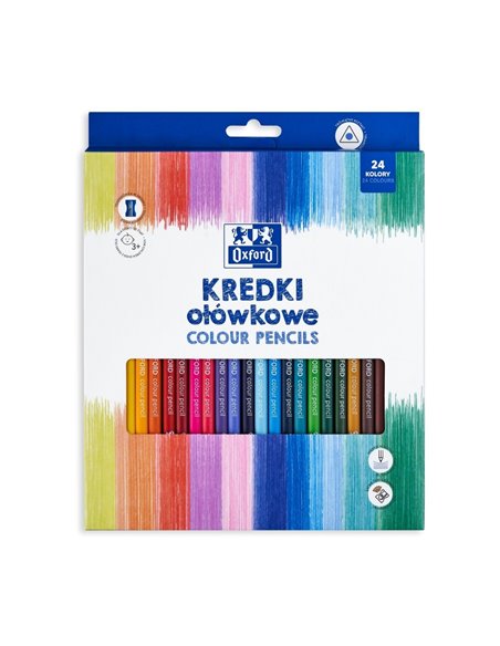 Creioane colorate oxford, varf 3mm, triunghiulare, set 24 + ascutitoare, include auriu, in cutie de carton