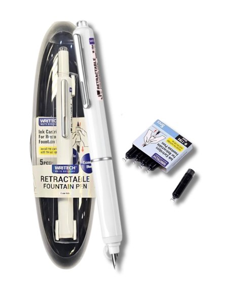 Stilou reatractabil Writech + 5 patroane cerneala albastra, Alb