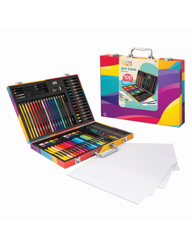 VV-1038-82057,Happi Hobbi Art Case Set De Desen Deluxe Cu 100 De Accesorii Curcubeu