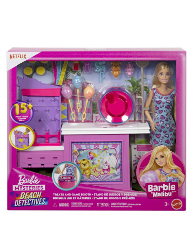 MTJFV67,Barbie Mysteries Detectivi Pe Plaja Set Cabina De Jocuri Si Papusa Barbie Malibu Cu Accesorii