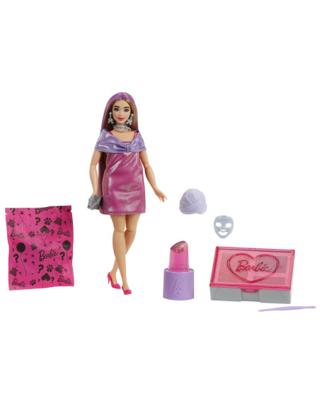 MTJFY67,Barbie Set Party Unboxed Reveal Papusa Barbie Mov Cu 10 Accesorii Surpriza