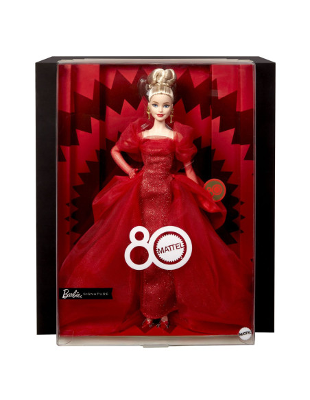MTJBJ17,Barbie Signature Aniversare 80 De Ani Papusa Barbie Blonda Cu Rochie De Bal Rosie