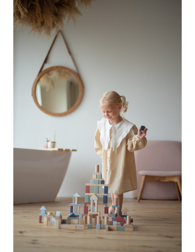 KC-16068,Jucarie din lemn, cubika, kit 100 de piese de constructie - pastel