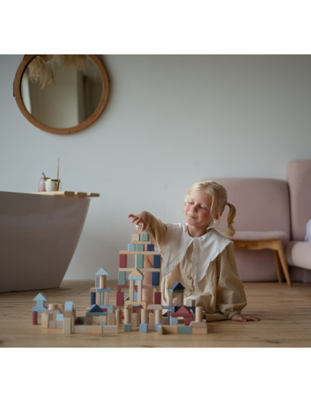 KC-16068,Jucarie din lemn, cubika, kit 100 de piese de constructie - pastel