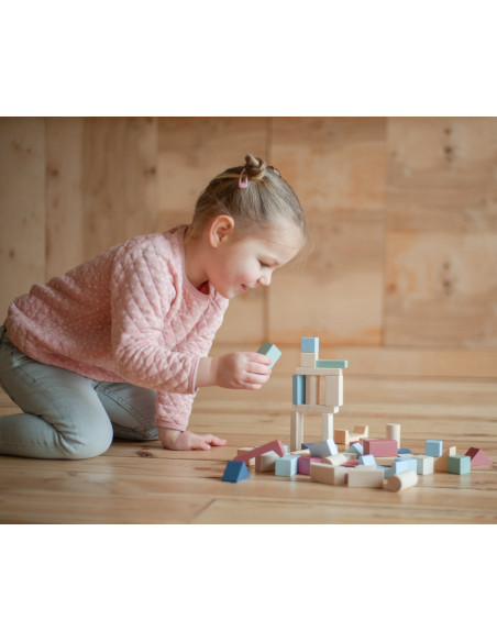 KC-16075,Jucarie din lemn, cubika, kit 50 de piese de constructie - pastel