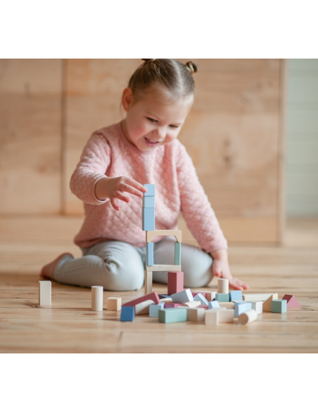 KC-16075,Jucarie din lemn, cubika, kit 50 de piese de constructie - pastel