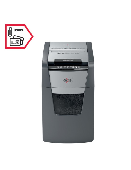 RX-2020150MEU,Distrugator documente automat REXEL Optimum 150M, P5, micro-cut, 150 coli, cos 44l, Negru-gri