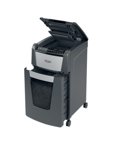 RX-2020300MEU,Distrugator documente automat REXEL Optimum 300M, P5, micro-cut, 300 coli, cos 60l, Negru-gri