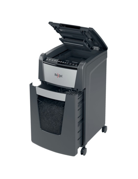 RX-2020300MEU,Distrugator documente automat REXEL Optimum 300M, P5, micro-cut, 300 coli, cos 60l, Negru-gri