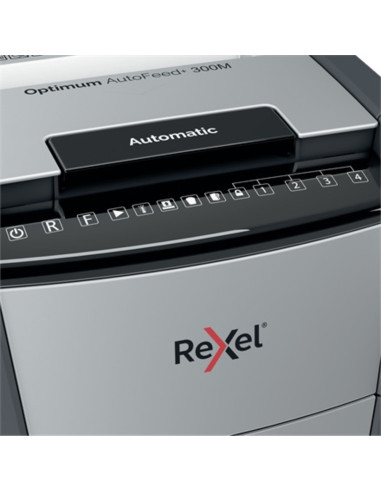 RX-2020300MEU,Distrugator documente automat REXEL Optimum 300M, P5, micro-cut, 300 coli, cos 60l, Negru-gri