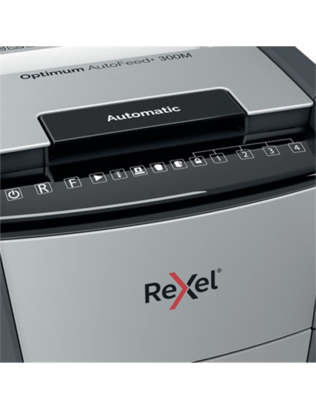 RX-2020300MEU,Distrugator documente automat REXEL Optimum 300M, P5, micro-cut, 300 coli, cos 60l, Negru-gri
