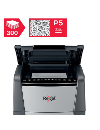 RX-2020300MEU,Distrugator documente automat REXEL Optimum 300M, P5, micro-cut, 300 coli, cos 60l, Negru-gri