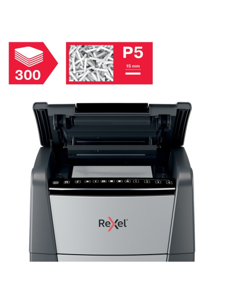 RX-2020300MEU,Distrugator documente automat REXEL Optimum 300M, P5, micro-cut, 300 coli, cos 60l, Negru-gri