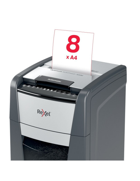 RX-2020300MEU,Distrugator documente automat REXEL Optimum 300M, P5, micro-cut, 300 coli, cos 60l, Negru-gri