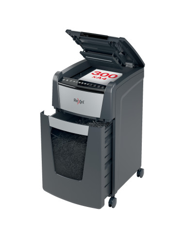 RX-2020300XEU,Distrugator documente automat REXEL Optimum 300X, P4, cross-cut, 300 coli, cos 60l, Negru-gri