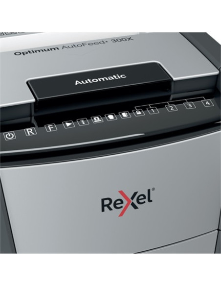 RX-2020300XEU,Distrugator documente automat REXEL Optimum 300X, P4, cross-cut, 300 coli, cos 60l, Negru-gri