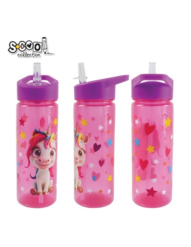 Sticla apa plastic cu pai S-COOL SC3105, 600 ml, Motiv unicorn