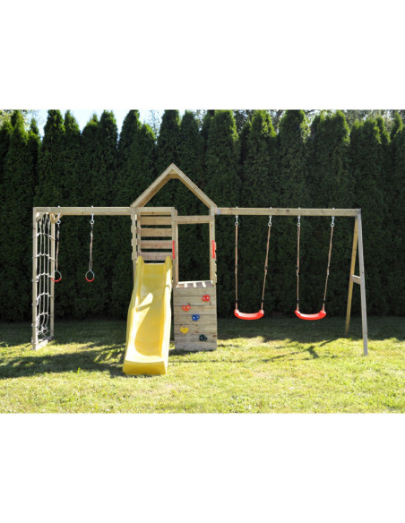 M42,Turn de joaca cu 2 platforme, panou de catarare, tobogan, leagan dublu si modul de gimnastica (M41), Wendi Toys