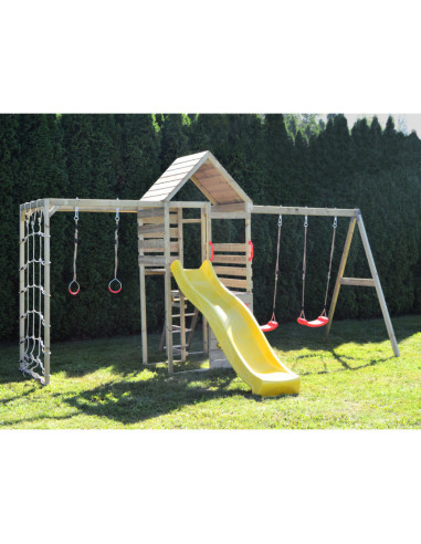 M42,Turn de joaca cu 2 platforme, panou de catarare, tobogan, leagan dublu si modul de gimnastica (M41), Wendi Toys