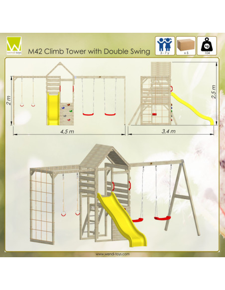M42,Turn de joaca cu 2 platforme, panou de catarare, tobogan, leagan dublu si modul de gimnastica (M41), Wendi Toys