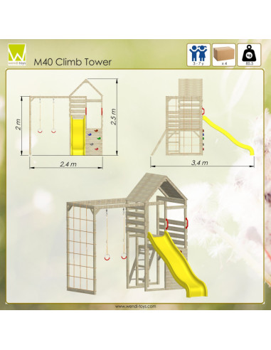 M40,Turn de joaca cu 2 platforme, panou de catarare, tobogan si modul de gimnastica (M40), Wendi Toys