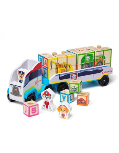 MD33272,Camion cu remorca, 28 cuburi din lemn cu litere si 3 figurine Paw Patrol, Patrula Catelusilor
