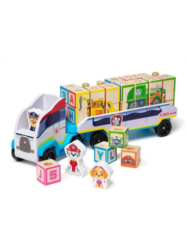 MD33272,Camion cu remorca, 28 cuburi din lemn cu litere si 3 figurine Paw Patrol, Patrula Catelusilor