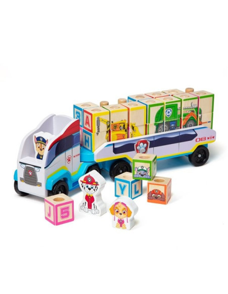 MD33272,Camion cu remorca, 28 cuburi din lemn cu litere si 3 figurine Paw Patrol, Patrula Catelusilor