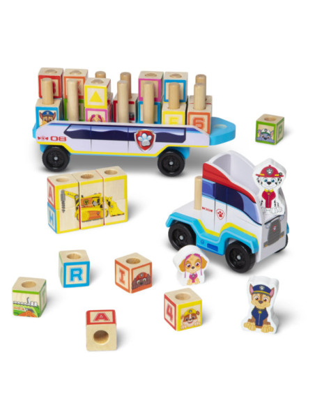 MD33272,Camion cu remorca, 28 cuburi din lemn cu litere si 3 figurine Paw Patrol, Patrula Catelusilor
