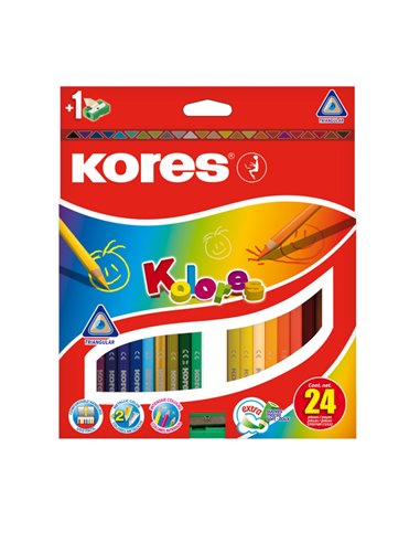 Creioane Colorate Triunghiulare KORES KO93324, 24 Culori + Ascutitoare