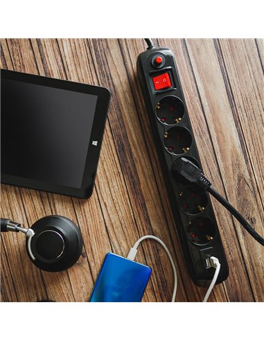 Prelungitor Spacer Schuko x 5, cablu 3 m,  16A, MAX. 3500W, protectie supratensiune, Negru