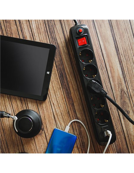 Prelungitor Spacer Schuko x 5, cablu 3 m,  16A, MAX. 3500W, protectie supratensiune, Negru