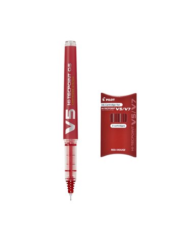 Set roller reincarcabil Pilot V5 Hi-Tecpoint 0.5 mm + 3 rezerve, Rosu 