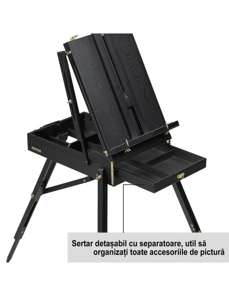 HX3_NEGRU,Sevalet portabil, de studio sau teren, din lemn de fag, cu cutie depozitare, paleta si curea transport, inaltime regla