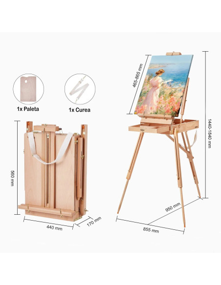 HX3_NATUR,Sevalet portabil, de studio sau teren, din lemn de fag, cu cutie depozitare, paleta si curea transport, inaltime regla