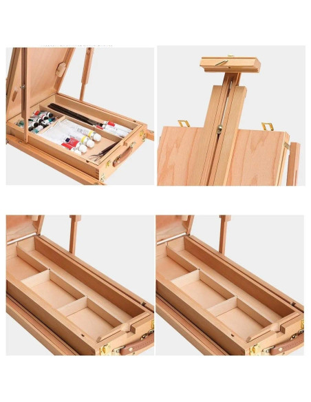 HX3_NATUR,Sevalet portabil, de studio sau teren, din lemn de fag, cu cutie depozitare, paleta si curea transport, inaltime regla